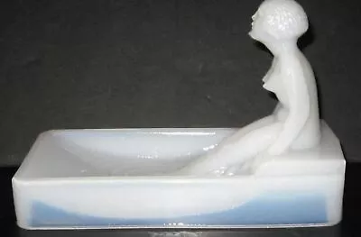 Vintage Art Deco Nude Nymph Bathing  Glass Soap Dish Opal White Ring Tray USA • $85