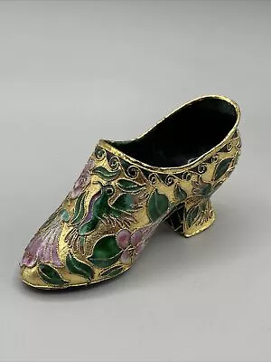 Vintage Cloisonne Shoe Figurine Mix Metal Enamel Floral And Bird Statue Decor • $12.80