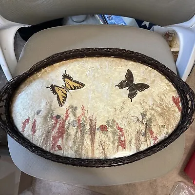 Wicker Oval Serving Rattan Tray Woven. Dried Flowers And Butterfly Under Glass • $50