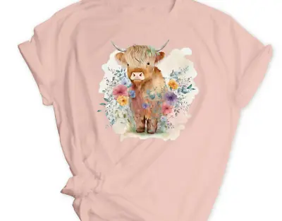 Pink Highland Cow Top Ladies Cow T Shirt Watercolour Floral Tee Woman's Cute Gif • £9.99