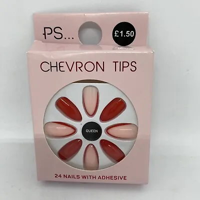PS Chevron Tips Queen 24pcs Fake False Nails Adhesive • $15.44