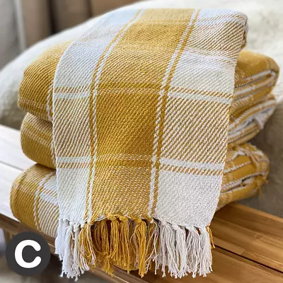 100% Cotton Yellow Mustard Ochre Tartan Check Large Sofa Throw Blanket Fringe • £28.95