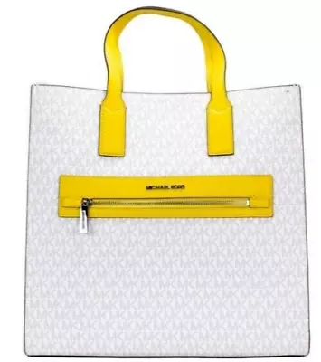 Michael Kors Large NS Signature Tote White Yellow 35T0SY9T7B NWT $398 Retail FS • $109.98