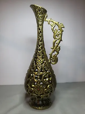 Vintage Judaica Hebrew Israel Decorative Brass Ormolu Pitcher Vase 9” Tall • $39.99