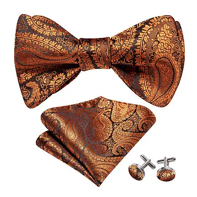 USA Paisley Orange Brown Mens Bow Ties Adjustable Slef Tied Silk Tie Set Formal • $10.99