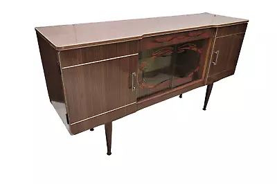 English Mid Century Formica Cocktail Bar Sideboard With Stenciled Glass • $475