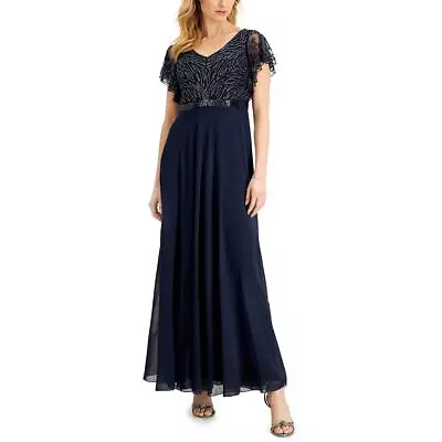 J Kara Womens Navy Beaded Flutter Sleeve V Neck Evening Dress Gown 6 BHFO 4080 • $25.99