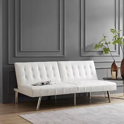 Mid-Century Modern Split Back Futon Sleep Sofa Bed In White Faux Leather • $371.36