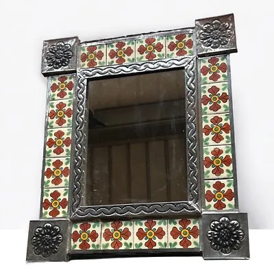 Punched Tin Mirror Talavera Tile Mexican Folk Art Flower Vintage Casa Decor Gift • $83.99