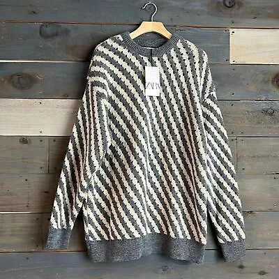 Zara Mens Openwork Knit Striped Sweater Gray Cream Size L NWT • $40.50