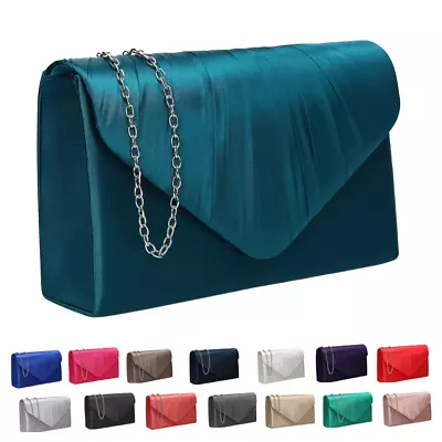 New Women Simple Elegant Satin Clutch Bag Wedding Prom Handbag With Chain Strap  • £18.99