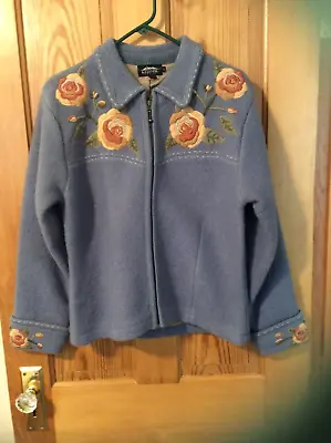 Vtg Icelandic Design Sweater Jacket Women's Sz L Blue/Floral Wool Zip Up Lined • $25