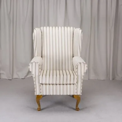 High Wing Back Fireside Chair Honey & Cream Stripe Fabric Seat Easy Armchair  • £453.68