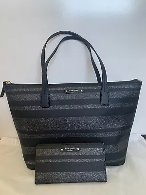 Kate Spade Haven Lane Hani Black Glitter Stripe Tote Handbag & Wallet Set Combo • $100