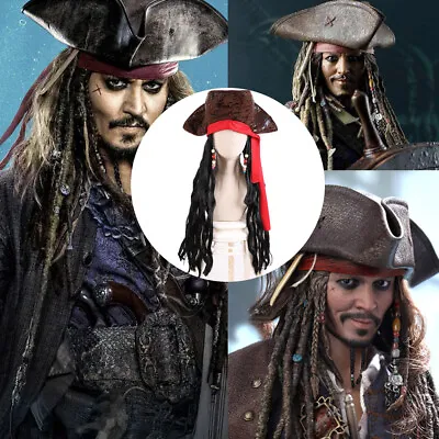 Pirate Hat Brown With Dreadlocks Mens Caribbean Fancy Dress Costume Accessory . • £12.39