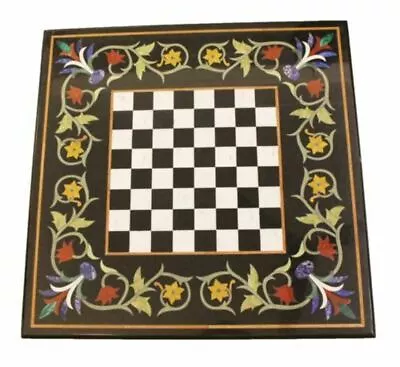 24  Black Marble Chess Table Top Pietra Dura Inlay Mosaic Decor X-mas • $648