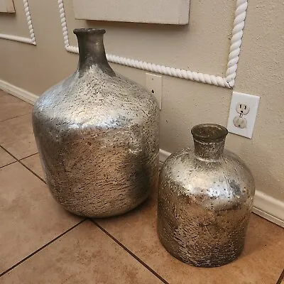 RARE S/2 Pottery Barn Washed Mercury Glass MEDIUM & LARGE Silver Vases Jugs Jar • $449