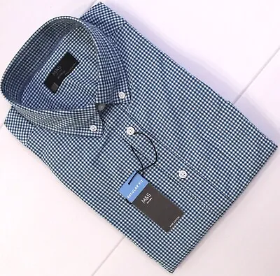 M&S Mens Pure Cotton Short Sleeve Checked Shirt Summer Beach ~S To 4XL~ Teal Mix • £8.95