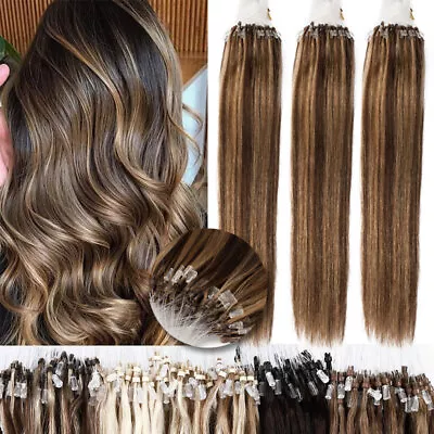 Micro Ring Loop Tip Remy Human Hair Extensions Balayage Micro Beads Link Hair 1G • $36.03