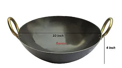 Iron Kadhai Deep Bottom Kadai Frying Kadhai With Golden Rings Black 10 Inch • $46.49