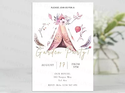 Personalised Garden Party D1 Invites Cards Invitations Teepee BBQ Boho Birthday  • £3.49