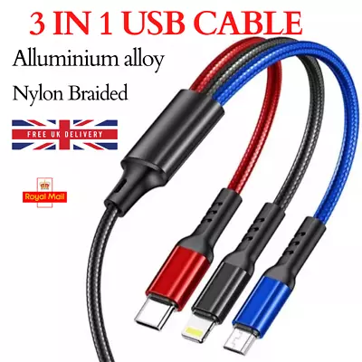 For IPhone Samsung Micro 3 In 1 Multi USB-C Charger Type-C Fast Charging Cable • £3.89