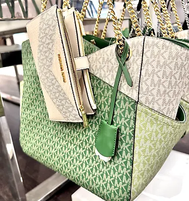 Michael Kors Jet Set Travel LG Chain Shoulder Tote Bag Fern Green Multi + Wallet • $209.95