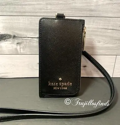 Kate Spade Staci Saffiano Leather Card Case Lanyard ID Holder Black New • $92.49