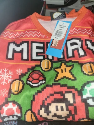$15.80 • Buy Super Mario Bros Merry Christmas Red Ugly Sweater Sweatshirt Mens Small New/Tags