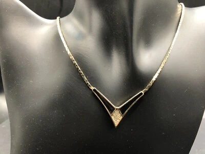 Rare Vintage Christian Dior Black Enamel & Rhinestone V Necklace Gold Tone 18” • £39.99
