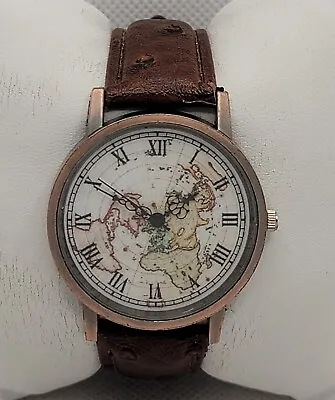 Unisex Classic Round Copper Tone Case World Map Dial Brown Faux Leather Watch J7 • $11.99