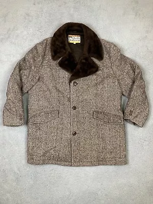 VTG Montgomery Wards Overcoat Mens Size 44 Brown Tweed Faux Fur Collar Lining • $35.95