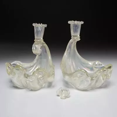 Barovier Toso Art Glass Iridescent Shell Form Taper Candlestick Holders Pair 2 • $275