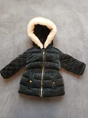 Baby Girl 9-12 Months Black Warm Winter Coat With Faux Fur Trim • £4