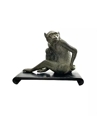 Monkey Statue Bronze On Wood Base Antique Oriental Collectibles Decor • $510