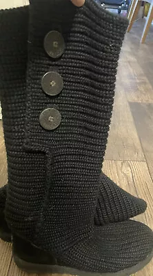 UGG Boots Womens 7 Classic Cardy Tall Knee High Knit Sweater Flats 5819 Black • $29.50