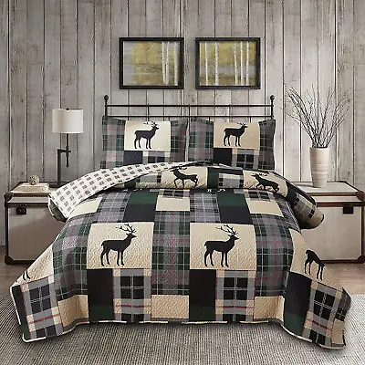 Lodge Bedspread Set King Size Rustic Cabin Quilt Set Deer Bedding Sets Lightweig • $62.61