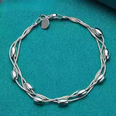 925 Sterling Silver Beaded Multi Layers Thin Snake Chain Bracelet 8  • $15