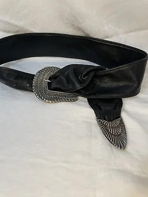 VTG 80’s St. Maarten Dallas Silver Leather South Western Wide Belt Black Boho • $20