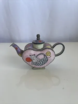 Vintage Enamel Metal Heart Shaped Mini Teapot Blue & Pink Cat And Yarn • $1999