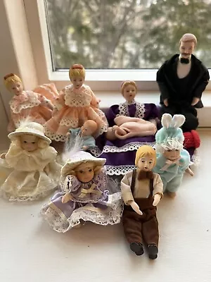 Vintage Family Of 10 Dollhouse Miniature Porcelain Victorian Dolls Children 1:12 • $55