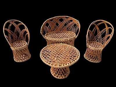 Doll Wicker Rattan Furniture Set High Back Peacock Chairs Love Seat Table • $24.95