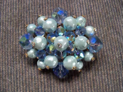 Attributed Vendome Jewelry Blue Faux Pearl / Aurora Borealis Facet Beaded Brooch • $26.99