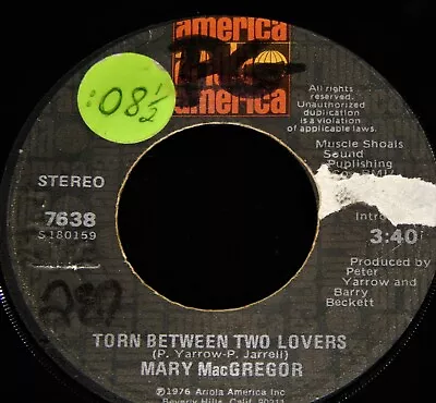 Vintage Record MARY MacGREGOR: TORN BETWEEN TWO LOVERS 45 Rpm 1976 Pop • $5