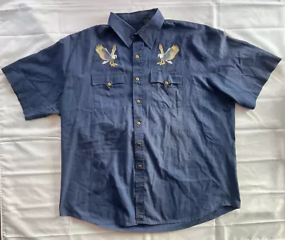 Vintage 90's Men's XL BLAIR Navy Blue Embroidered Eagle Pearl Snap Western Shirt • $24.99