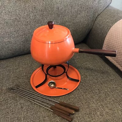 Vtg WW 70s Orange Aluminum Fondue Pot Set 6 Stainless Forks Burner Wood Handles • $15