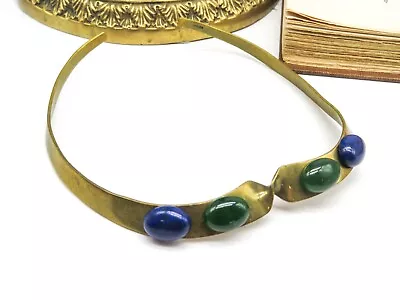 Vintage Signed Mexico Brass Green Blue Gemstone Torque Choker Necklace UU61 • $33.99