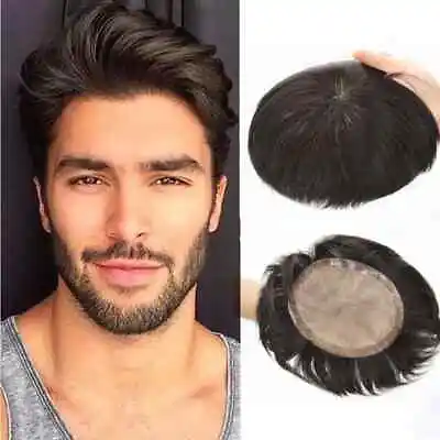 Men Toupee Prosthes Human Hair Male Wig Thin Skin Hair Pieces System Replacement • $105.09