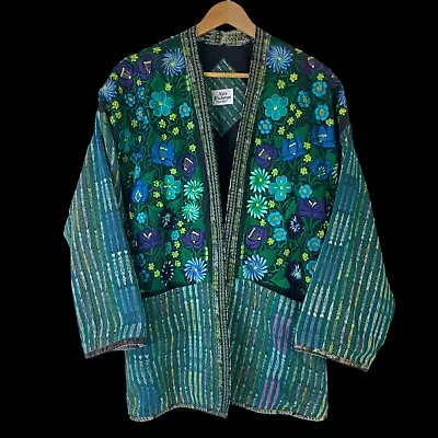 Vintage Hand Made 90s Women's Embroidered Floral Boho Smock Blazer Coat Xela LG • $79.95