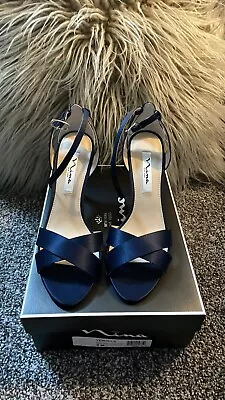 Nina Venus Ankle Strap NAVY Blue Dress Sandals Size 8 Open Toe High Heel • $26